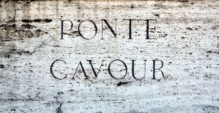 Stone plaque on Ponte Cavour in Rome, Italy. It opened on 25 May 1901 and is named after Camillo Benso, conte di Cavour, one of the pioneers of Italian unificationのeditorial素材