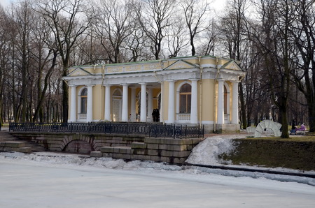 Pavilion pier in the Mikhailovsky Garden on the banks of Moika river in St. Petersburgのeditorial素材