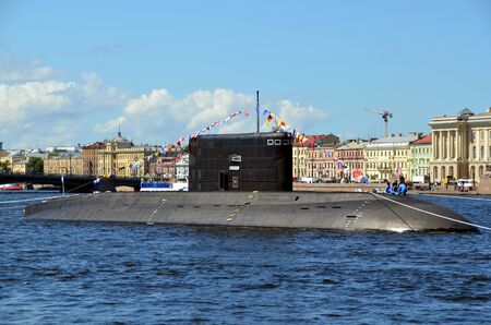 Navy Day, St. Petersburg. The parade of warships on the Neva river. Submarine "Krasnodar"のeditorial素材