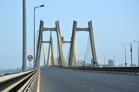 The Bandra-Worli Sea Link, officially called Rajiv Gandhi Sea Link, is a cable-stayed bridge that links Bandra in the Western Suburbs of Mumbai with Worli in South Mumbaiの写真素材