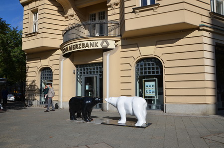 Two bears in front of Commerzbank. Urban Sculpture in Berlin, Germany. A bear is a symbol of Berlinのeditorial素材