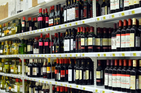 SAINT-PETERSBURG, RUSSIA - DEC 10, 2012 - Wine department in supermarket "Auchan" in St-Petersburgのeditorial素材