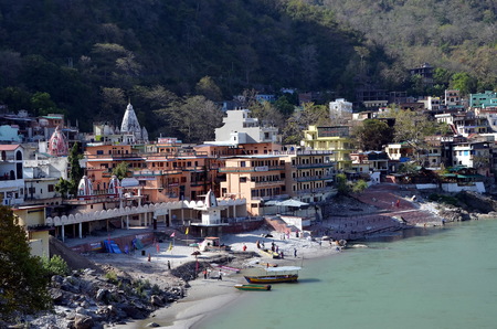 View of the embankment of the Ganges in Rishikesh, one of the holy Hindu cities in India