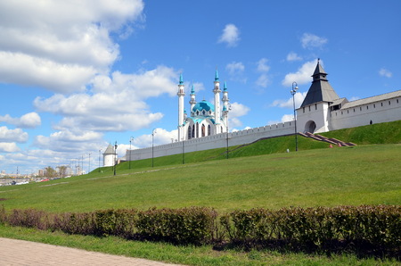 View on Kazan Kremlin and Qol Sharif, Qol Sherif or Kol Sharif mosque in Kazan, the capital city of Tatarstan republic, Russiaの写真素材