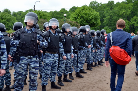 SAINT-PETERSBURG, RUSSIA - JUNE 7, 2017 - Police Ñordon on the Field of Mars. Anticorruption...