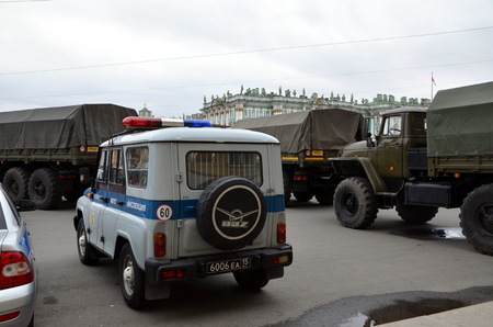 ST-PETERSBURG, RUSSIA â MAY 5, 2018: Military police cars and trucks during an opposition protest rally ahead of President Vladimir Putin's inauguration ceremonyのeditorial素材