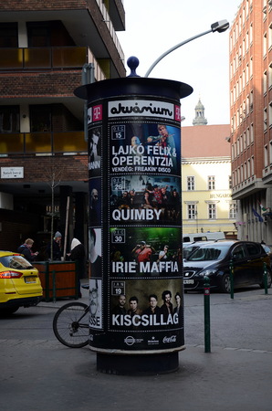 BUDAPEST, HUNGARY - JAN 10, 2018 - Advertising column (Morris column) in Budapest, Hungaryのeditorial素材