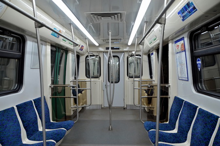 SAINT-PETERSBURG, RUSSIA - JUNE 24, 2018: Interior of a new car of St. Petersburg subway, Russia