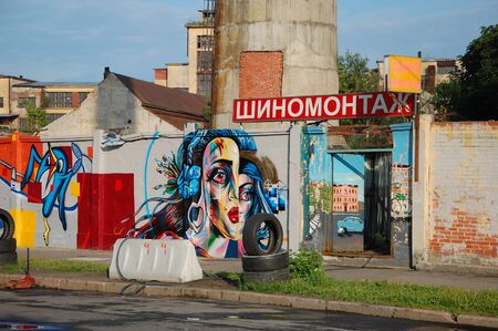 ST-PETERSBURG, RUSSIA - JULY 11, 2013: Car service, painted with graffiti in St-Petersburgのeditorial素材