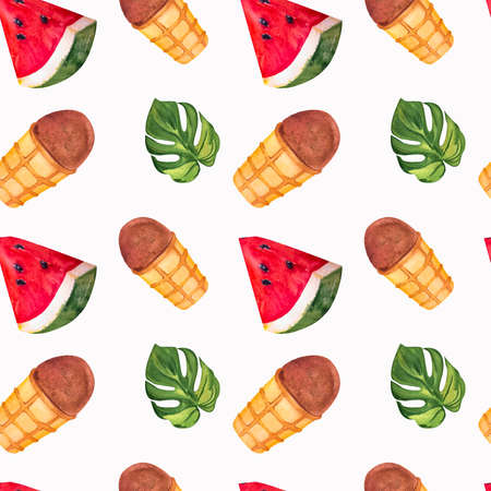 monstera leaf tropical, juicy piece of watermelon, chocolate ice cream in a waffle cup, watercolor botanical seamless pattern, hand drawn. Perfect for card design, invitation, scrapbooking, fabric printingSummer watercolor illustration, hand drawnの写真素材