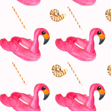 Cute pink flamingo swimming circle, shell sea and straw for cocktail. Summer watercolor illustration, hand drawn, seamless pattern for card design, invitation, scrapbooking, fabric printingの写真素材