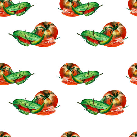 Hand drawn watercolor pattern of vegetables - tomato, cucumber, peppers and pea. isolated. For card design, invitation, scrapbooking, fabric printing.の写真素材
