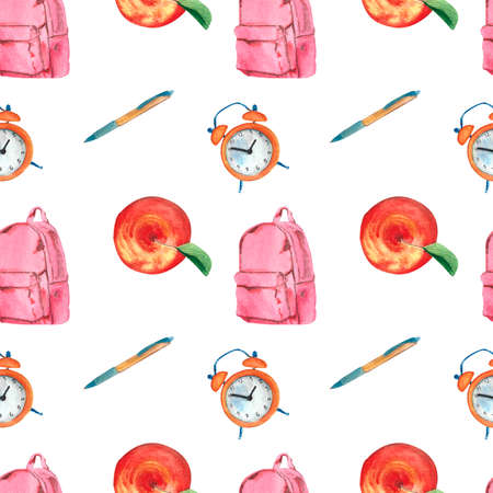 Back to school pattern: pen, orange alarm clock, red apple and pink backpack. Watercolor illustration, isolated white background, hand drawn. Perfect for card design, invitation, scrapbooking, fabric printing.の写真素材