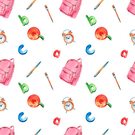 Back to school pattern: pen, brush, letters - a, b, c, alarm clock, apple and pink backpack. Watercolor illustration, isolated white background, hand drawn. Perfect for card design, invitation, scrapbooking, fabric printingの写真素材