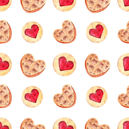 sweet waffle heart shortbread watercolor isolated on white backgroundの写真素材