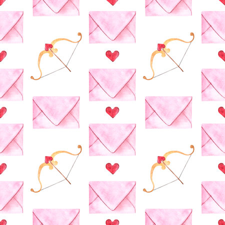 pink love letter cupid's arrow with heart watercolor isolated on white backgroundの写真素材