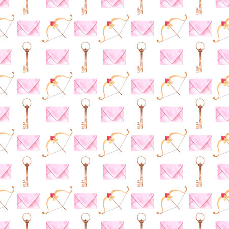 pink love letter cupid's arrow with heart key iron vintage watercolor isolated on white backgroundの写真素材