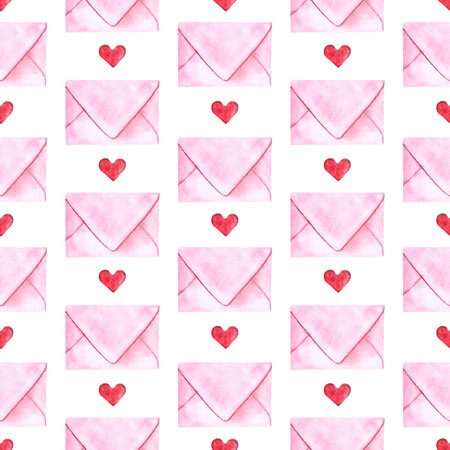 pink love letter with heart watercolor isolated on white background