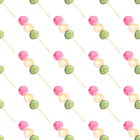 dango sweet rice balls watercolor pattern on isolated white background, hand drawn. Perfect for card design, invitation, scrapbooking, fabric printingの写真素材