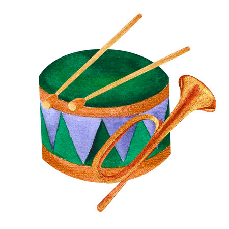 drums and trumpet mardi gras watercolor. on isolated white background, hand drawn. Perfect for card design, invitation, scrapbooking, fabric printing.の写真素材