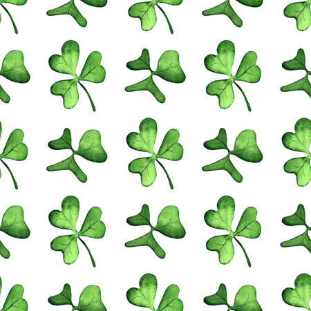 pattern of green clover shamrock symbol of Patrick. watercolor. on isolated white background, hand drawn. Perfect for card design, invitation, scrapbooking, fabric printingの写真素材