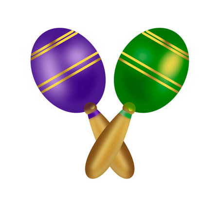 maracas mardi gras purple and green with golden elements hand-drawn illustrations on a white background. High quality photoの写真素材