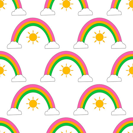 rainbow and sun pattern cute close-up, isolated illustration, on a white background. High quality patternの写真素材