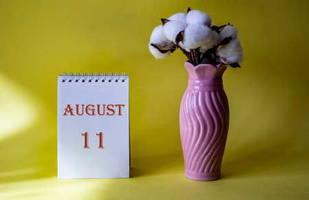 Calendar with text 11 august on yellow background and with a vase of flowersの写真素材