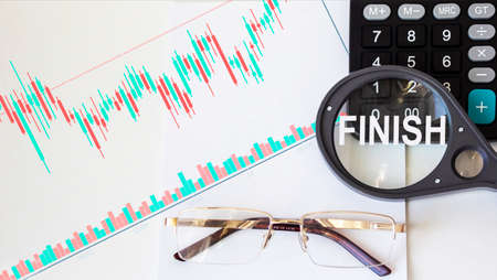 On a white background a magnifier with the text finish, growth graph, calculator and glasses.