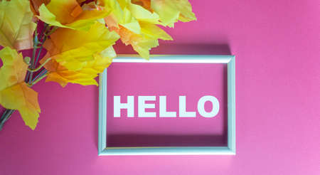 Hello text in silver frame and pink background, near golden foliageの写真素材
