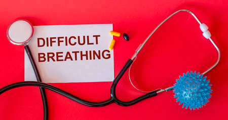 Difficulty breathing - the word is written on white paper and a red background, next to a...