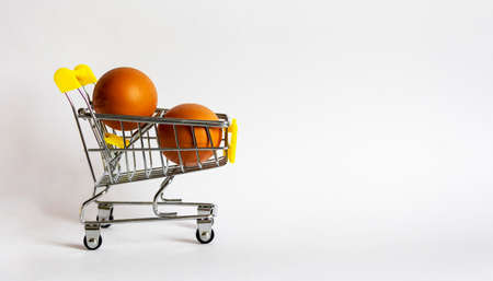 Two chicken eggs in a small shopping cart. Mini cart with eggs on a white background. Isolate on white background.の写真素材