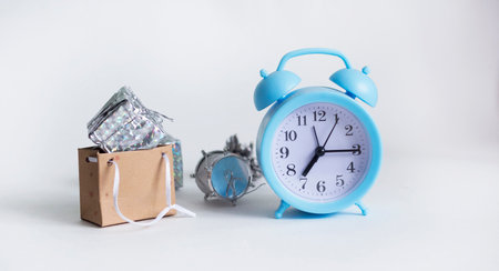 Still life of a bouquet of dried flowers in a ceramic vase on a white background. Place for text or advertising. View from aboveの写真素材