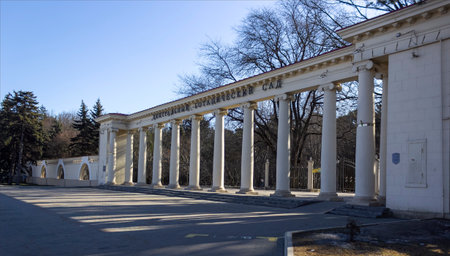 Botanical Garden of Minsk, Europe, a great place to relax. White columns at the entrance to the gardenの写真素材
