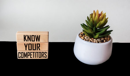 Wooden blocks with text KNOW YOUR COMPETITORS on white and black background with cactus flower.