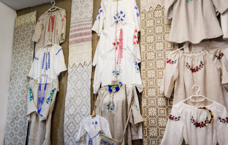 Embroidered national Belarusian shirts. Slavic national women's clothing. selective focusの写真素材