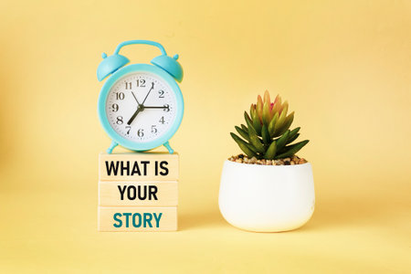 What's your story, Motivational inspirational quotes on wooden blocks and yellow background.
