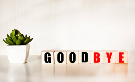 Word Goodbye on wooden blocks and light background with flower