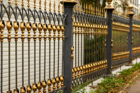 Metal fence in the city park. Decorative black iron guardrail for protection, close upの写真素材