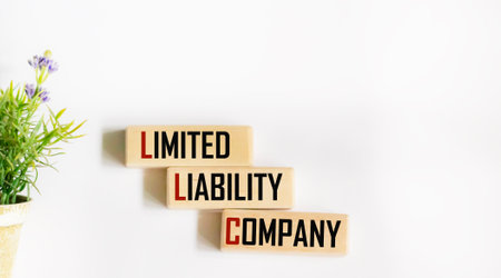 The text of the limited liability company "LLC" on a wooden block on a white backgroundの写真素材