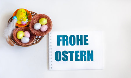 Easter greeting card in Germany - Frohe Ostern - Nest with Easter eggs on a white background