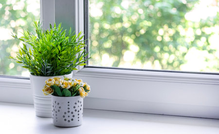 Two pots of flowers are on the windowsill in the sunny weather.