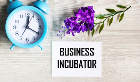 A notebook labeled "Business incubator". The notebook is on the table, next to it is a clock and a branch of a flowerの写真素材
