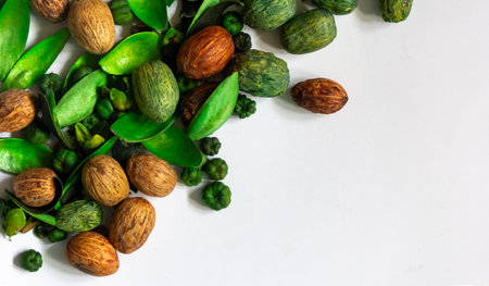 Autumn decoration, dried nuts, leaves for decoration. A place to copyの写真素材