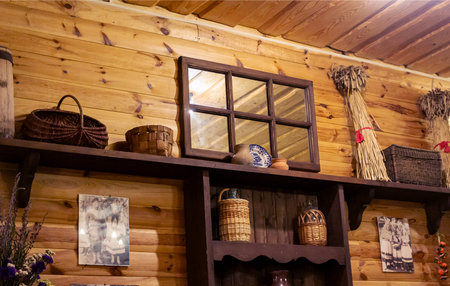 Wooden hut of the Slavs. Inside the decoration of the ancient Slavs