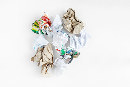 stack of crumpled paper balls isolated on whiteの写真素材