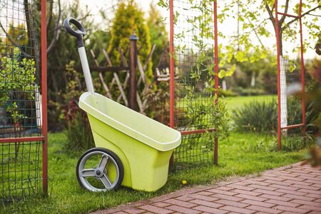 A plastic garden wheelbarrow sits on a freshly mown lawn in the gardenの写真素材