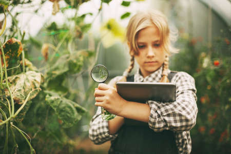 A beautiful little teenage girl with a tablet in her hands examines a sample of a plant through a magnifying glass. Curious children. Organic pure productsの写真素材