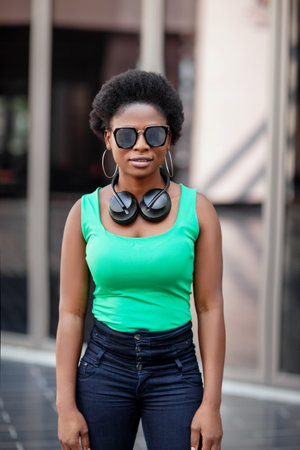 A young African woman wearing headphones and sunglasses smiles happily and looks at the cameraの写真素材