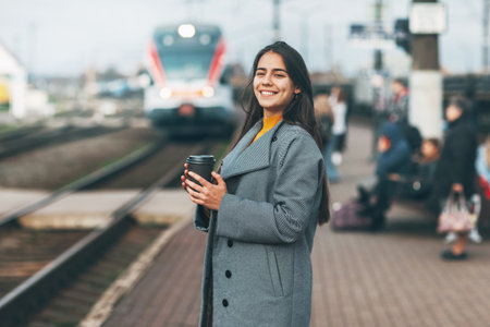 Happy girl enters the train at the station with coffee in her hands